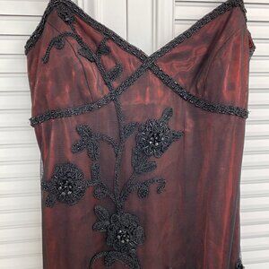 Sue Wong Sz. 6 Vintage Rare Iridescent Deep Red and Black Crochet Beaded Gown